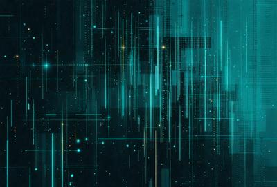 The primary subject of the image is a blue and green digital artwork featuring a pattern of lines and dots. The setting is a dark background, and the visual style is a combination of digital art and illustration. The dominant colors are blue and green, creating a calm and soothing atmosphere.