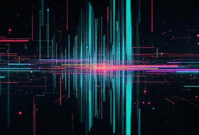 The primary subject of the image is a colorful, abstract representation of sound waves. The setting is a black background, which contrasts with the vibrant colors of the sound wave pattern. The visual style is a combination of digital art and illustration, creating a dynamic and engaging scene. The dominant colors are green, blue, and pink, which contribute to a lively and energetic atmosphere.
