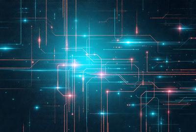 The primary subject of the image is a complex network of wires and lines, which are displayed in a blue and pink color scheme. The setting is a dark background, which contrasts with the bright colors of the wires. The visual style of the image is a combination of digital art and illustration, creating a futuristic and technological atmosphere. The colors and mood of the image are vibrant and energetic, with the blue and pink hues evoking a sense of innovation and progress.