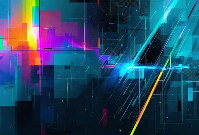 The primary subject of the image is a colorful, abstract artwork featuring a mix of blue, green, and yellow colors. The setting is a dark background, which contrasts with the vibrant colors of the artwork. The visual style is a combination of digital art and illustration, creating a unique and eye-catching piece. The overall atmosphere is energetic and lively, with the colors and patterns evoking a sense of movement and dynamism.