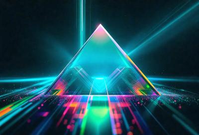 The primary subject of the image is a large, colorful, three-sided pyramid. The pyramid is illuminated by a bright, neon light, giving it a vibrant and eye-catching appearance. The setting is a dark background, which contrasts with the brightly lit pyramid, making it stand out even more. The visual style of the image is a combination of digital art and illustration, creating a unique and captivating scene. The dominant colors in the image are neon
