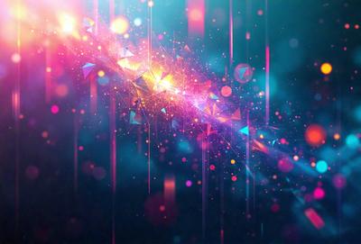 The primary subject of the image is a colorful, geometric pattern. The setting is a dark background, which contrasts with the vibrant colors of the pattern. The visual style is a combination of digital art and illustration, creating a unique and eye-catching design. The dominant colors are pink, blue, and yellow, giving the image a lively and cheerful atmosphere.