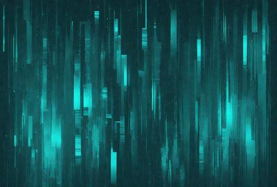 The primary subject of the image is a blue and green patterned background. The setting is a dark, blue-green environment, which creates a moody atmosphere. The visual style is a combination of digital art and illustration, giving the image a unique and artistic appearance. The dominant colors are blue and green, which contribute to the overall mood of the scene.