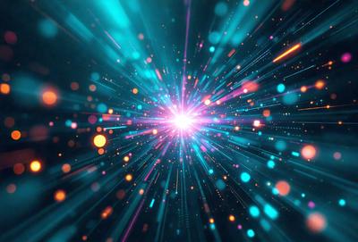 The primary subject of the image is a bright, colorful, and vibrant light source, which appears to be a neon light or a light bulb. The light source is surrounded by a multitude of colorful dots, creating a visually striking and lively scene. The setting is a dark background, which contrasts with the bright light source and emphasizes its vividness. The visual style of the image is a combination of digital art and illustration, with the light source and dots being digitally rendered and