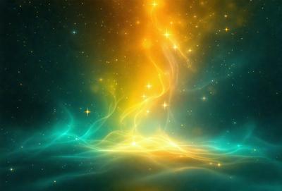 The primary subject of the image is a vibrant, colorful, and swirling pattern of light, which appears to be a digital art or illustration. The setting is a dark, starry background, which adds to the overall atmosphere of the image. The visual style is a mix of digital art and illustration, creating a unique and captivating visual experience. The colors and mood of the image are predominantly bright and lively, with the swirling pattern of light creating a sense of movement and energy.