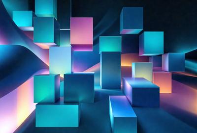 The primary subject of the image is a collection of blue and pink cubes, which are arranged in a visually appealing manner. The setting is a dark background, which contrasts with the bright colors of the cubes. The visual style of the image is a combination of digital art and illustration, creating a unique and eye-catching display. The dominant colors in the image are blue and pink, which evoke a sense of warmth and energy. Overall, the image conveys a vibrant and l