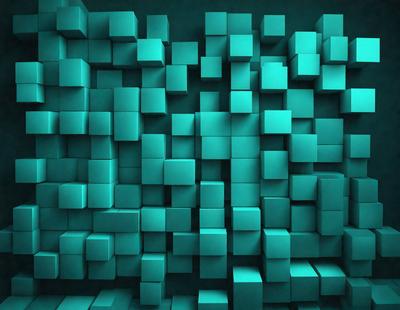The primary subject of the image is a blue and green wall with a pattern of blue and green squares. The setting is a room with a blue and green wall, and the visual style is a digital art or illustration. The dominant colors and overall atmosphere are blue and green, creating a calm and soothing environment.