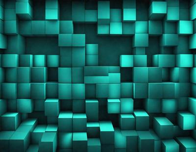 The primary subject of the image is a large, colorful, and intricate mosaic made up of many small squares. The setting is a blue background, which complements the vibrant colors of the mosaic. The visual style is a combination of digital art and illustration, creating a unique and eye-catching pattern. The dominant colors are blue and green, giving the mosaic a calming and soothing atmosphere.