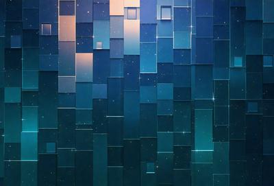 The primary subject of the image is a blue and white wall with a pattern of squares. The setting is a room with a blue background, and the visual style appears to be a digital art or illustration. The dominant colors are blue and white, creating a calm and soothing atmosphere.