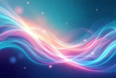 The primary subject of the image is a colorful, swirling, and flowing pattern. The setting is a dark blue background, which contrasts with the vibrant colors of the pattern. The visual style appears to be a combination of digital art and illustration, creating a dynamic and eye-catching design. The dominant colors are pink, blue, and purple, giving the image a lively and energetic atmosphere.