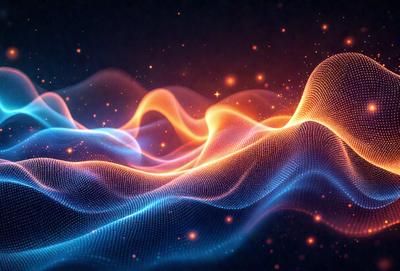 The primary subject of the image is a blue and orange light pattern, which appears to be a digital art or illustration. The setting is a dark background, and the visual style is a combination of digital art and light patterns. The dominant colors are blue and orange, creating a vibrant and energetic atmosphere.