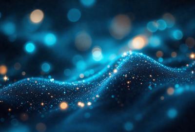 The primary subject of the image is a blue and purple background with a pattern of bright lights. The setting appears to be a dark, starry night, with the lights creating a mesmerizing effect. The visual style of the image is a combination of digital art and illustration, as the lights are arranged in a visually appealing manner. The colors and mood of the image are predominantly blue and purple, creating a serene and calming atmosphere.