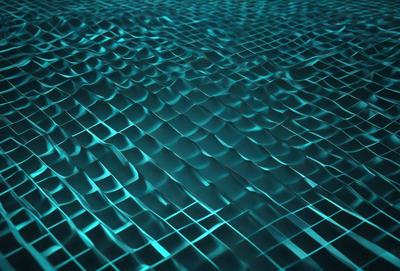 The primary subject of the image is a blue, rippled surface that resembles a water surface. The setting is a blue ocean, and the visual style is a digital art or illustration. The dominant colors are blue and white, creating a calm and serene atmosphere.
