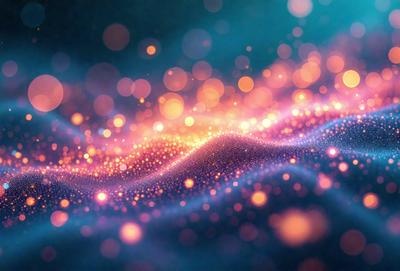 The primary subject of the image is a brightly colored, swirling, and glowing pattern. The setting is a dark background, which contrasts with the vibrant colors of the pattern. The visual style appears to be a combination of digital art and illustration, creating a dynamic and eye-catching effect. The dominant colors are a mix of pink, orange, and blue, giving the image a warm and lively atmosphere.