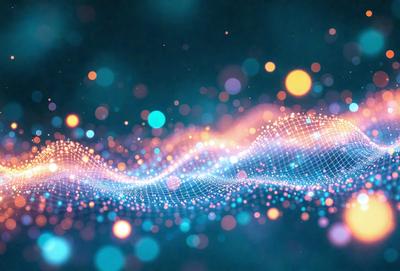 The primary subject of the image is a colorful, swirling pattern of lights. The setting is a dark background, which contrasts with the bright and vibrant colors of the lights. The visual style is a combination of digital art and illustration, creating a dynamic and eye-catching display. The colors and mood of the image are predominantly blue and orange, giving it a lively and energetic atmosphere.