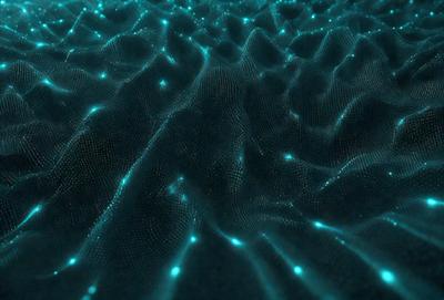 The primary subject of the image is a blue, textured surface with a pattern of green lights. The setting appears to be a futuristic or technological environment, possibly a space or a computer-generated image. The visual style is a combination of digital art and illustration, creating a unique and captivating appearance. The dominant colors are blue and green, with the green lights adding a sense of depth and intrigue to the scene.