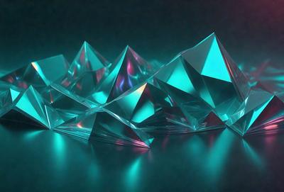 The primary subject of the image is a collection of blue and green triangular shapes, which are likely made of glass or plastic. These shapes are arranged in a visually appealing manner, creating a sense of depth and dimension. The setting appears to be a dark background, which contrasts with the bright colors of the triangles. The visual style of the image is a combination of digital art and illustration, as the shapes are carefully arranged and the colors are vibrant and eye-catching. The overall atmosphere of the image is
