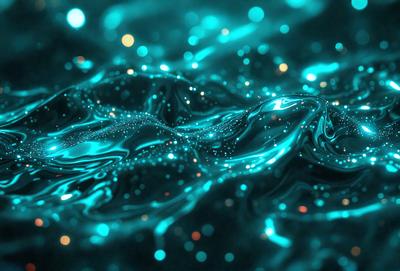 The primary subject of the image is a blue, swirling, and sparkling substance, which appears to be a digital art or illustration. The setting is a dark, blue background, and the visual style is a combination of digital art and illustration. The colors and mood of the image are predominantly blue, with a sense of depth and movement created by the swirling and sparkling elements.