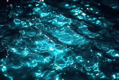 The primary subject of the image is a blue water surface, possibly a pool or a body of water. The setting is underwater, with the water appearing to be blue and shimmering. The visual style is a close-up of the water, showcasing its color and texture. The colors and mood of the image are predominantly blue, creating a serene and calming atmosphere.