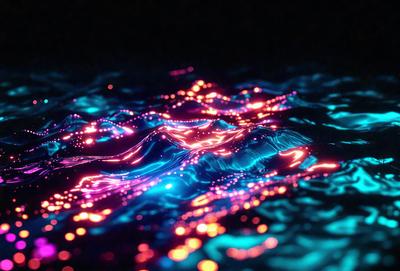 The primary subject of the image is a blue and purple water surface, possibly a pool or a body of water. The setting is a dark environment, which adds to the overall mood of the image. The visual style appears to be a combination of a photo and digital art, creating a unique and captivating scene. The colors and mood of the image are predominantly blue and purple, with a hint of red, giving it a vibrant and lively atmosphere.