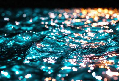The primary subject of the image is a body of water, possibly an ocean or a lake, with a blue hue. The setting is underwater, with the water appearing to be illuminated by light. The visual style of the image is a combination of a photo and digital art, creating a unique and captivating scene. The colors and mood of the image are predominantly blue, creating a serene and calming atmosphere.