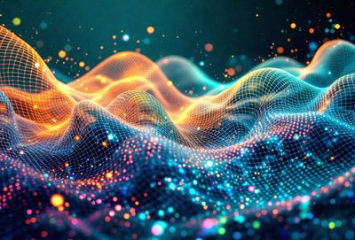 The primary subject of the image is a vibrant, colorful, and abstract pattern. The setting is a dark background, which contrasts with the bright colors of the pattern. The visual style is a combination of digital art and illustration, creating a unique and eye-catching design. The dominant colors are blue, green, and orange, which contribute to a lively and energetic atmosphere.