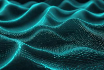 The primary subject of the image is a blue, wavy, and textured surface, which appears to be a digital art or illustration. The setting or background is a dark, blue-green ocean, creating a serene and calming atmosphere. The visual style is a combination of digital art and illustration, with the blue waves and textured surface giving it a unique and artistic appearance.