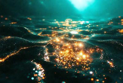 The primary subject of the image is a brightly lit, colorful, and shimmering underwater scene. The setting is a dark, blue-green ocean, with a few ripples visible. The visual style is a combination of a photo and digital art, creating a unique and captivating underwater world. The colors and mood of the image are vibrant and lively, with a sense of depth and beauty.