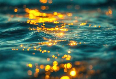 The primary subject of the image is a body of water, possibly an ocean, with a blue color. The setting is underwater, and the visual style appears to be a digital art or illustration. The colors and mood of the image are predominantly blue and serene, creating a peaceful and calming atmosphere.