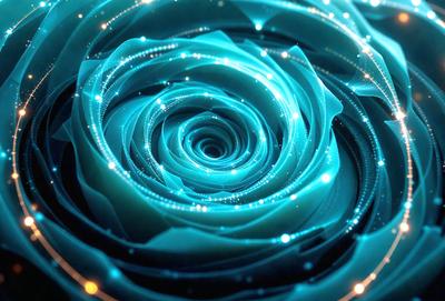 The primary subject of the image is a blue rose with a spiral pattern. The setting is a dark background, and the visual style appears to be a digital art or illustration. The dominant colors are blue and purple, creating a serene and calming atmosphere.