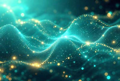 The primary subject of the image is a blue and green wave pattern, which appears to be a digital art or illustration. The setting is a dark background, and the visual style is a combination of digital art and illustration. The colors and mood of the image are predominantly blue and green, creating a calm and soothing atmosphere.