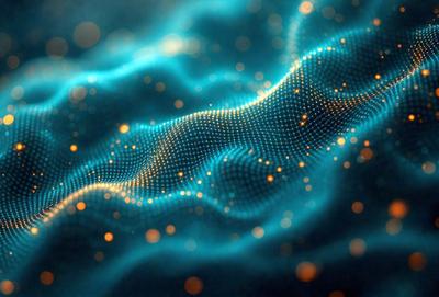 The primary subject of the image is a blue, swirling, and patterned background. The setting is a futuristic, digital art-like environment. The visual style is a combination of a photo and digital art, creating a unique and intriguing atmosphere. The dominant colors are blue and yellow, with the blue background and yellow dots, creating a sense of depth and movement.