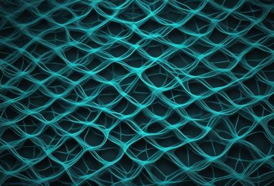 The primary subject of the image is a blue, wavy pattern that resembles a mesh or a web. The setting is a dark blue background, which contrasts with the blue pattern. The visual style appears to be a digital art or illustration, as the pattern is intricate and detailed. The colors and mood of the image are predominantly blue, creating a calm and serene atmosphere.