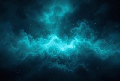 The primary subject of the image is a blue and green nebula, which is a cloud of gas and dust in space. The setting is a dark, starry sky, with the nebula as the main focus. The visual style is a digital art or illustration, creating a vibrant and colorful atmosphere. The dominant colors are blue and green, giving the image a serene and celestial mood.