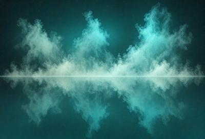 The primary subject of the image is a reflection of a cloudy sky in a body of water. The setting is a dark blue background, which creates a moody atmosphere. The visual style is a combination of a photo and digital art, as the cloudy sky is depicted in a realistic manner, while the reflection in the water appears to be digitally manipulated. The colors and mood of the image are predominantly dark and mysterious, with the blue background and the cloudy sky creating a sense of depth and intrigue