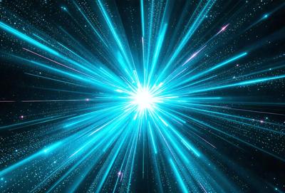 The primary subject of the image is a bright blue light, which appears to be a star or a light source. The setting is a dark background, which contrasts with the bright blue light. The visual style of the image is digital art, as it is a computer-generated image. The dominant colors in the image are blue and black, creating a sense of depth and contrast.