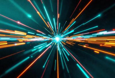 The primary subject of the image is a brightly colored, neon-like explosion or light burst. The setting is a dark background, which contrasts with the vibrant colors of the light burst. The visual style appears to be a digital art or illustration, as the colors and lighting are reminiscent of a futuristic or sci-fi scene. The overall atmosphere is energetic and dynamic, with the light burst serving as a focal point in the image.