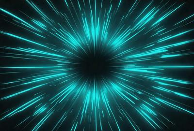 The primary subject of the image is a bright blue light, which appears to be a neon light or a lightning bolt. The light is surrounded by a dark background, creating a striking contrast. The visual style of the image is digital art, as it resembles a futuristic or space-themed design. The colors and mood of the image are predominantly blue, with a sense of energy and movement.