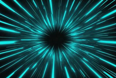 The primary subject of the image is a bright blue light, which appears to be a neon light or a lightning bolt. The light is surrounded by a dark background, creating a striking contrast. The visual style of the image is digital art, as it resembles a futuristic or space-themed design. The colors and mood of the image are predominantly blue, with a sense of energy and movement.