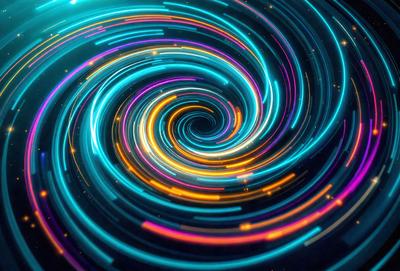 The primary subject of the image is a spiral pattern, which is a digital art or illustration. The spiral pattern is set against a black background, creating a striking contrast. The colors in the spiral pattern are predominantly blue, which gives the image a cool and modern atmosphere.