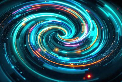 The primary subject of the image is a colorful spiral, which appears to be a digital art or illustration. The spiral is set against a dark background, creating a striking contrast. The visual style of the image suggests that it is a digital creation, possibly a graphic design or an artistic representation. The dominant colors in the image are blue, orange, and yellow, creating a vibrant and lively atmosphere.
