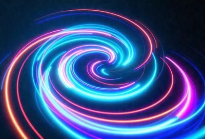 The primary subject of the image is a swirling, colorful pattern of light, which appears to be a digital art or illustration. The setting is a dark background, which contrasts with the vibrant colors of the swirling pattern. The visual style is a mix of digital art and traditional illustration, creating a unique and captivating visual experience. The colors and mood of the image are predominantly blue and purple, giving it a calming and serene atmosphere.
