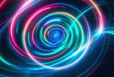The primary subject of the image is a spiral-shaped, colorful pattern that resembles a swirl or a vortex. The setting is a dark, starry background, which adds to the overall mood of the image. The visual style is a combination of digital art and illustration, creating a vibrant and dynamic scene. The dominant colors are blue, pink, and green, which contribute to the spiral's vivid and lively appearance.