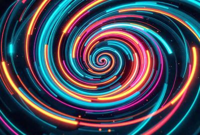 The primary subject of the image is a spiral pattern, which is a digital art or illustration. The spiral is brightly colored, featuring a mix of pink, blue, and yellow hues. The setting or background of the image is a dark, possibly black, surface, which contrasts with the vibrant colors of the spiral. The visual style of the image suggests a modern, artistic approach to design.