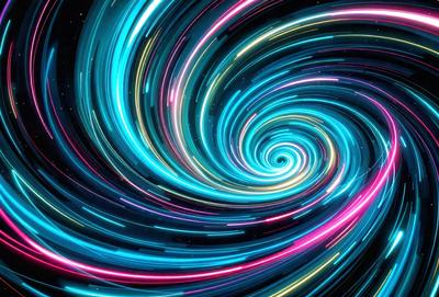 The primary subject of the image is a spiral pattern, which is a blue and pink swirl. The setting is a black background, and the visual style appears to be a digital art or illustration. The dominant colors in the image are blue and pink, creating a vibrant and lively atmosphere.