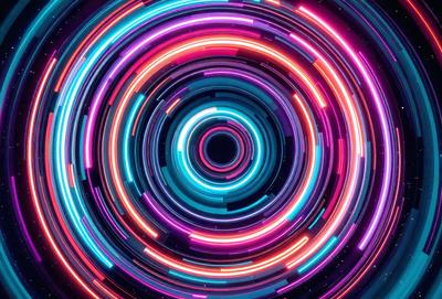 The primary subject of the image is a brightly colored, swirling circle with a black center. The circle is surrounded by a purple background, giving the scene a vibrant and lively atmosphere. The visual style of the image is a combination of digital art and illustration, creating a dynamic and eye-catching design. The colors and mood of the image are predominantly purple and pink, with the black center adding a contrasting element to the overall composition.