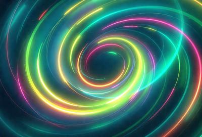 The primary subject of the image is a colorful spiral pattern, which appears to be a digital art or illustration. The spiral is set against a dark blue background, creating a striking contrast. The visual style of the image suggests that it is a digital creation, possibly a graphic design or an artistic representation of a spiral. The dominant colors in the image are blue and various shades of green, which contribute to a vibrant and lively atmosphere.
