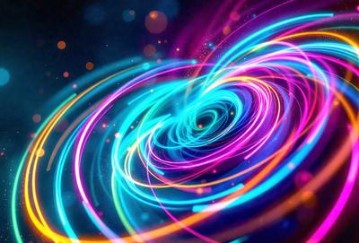 The primary subject of the image is a swirling, colorful vortex. The setting is a black background, which contrasts with the vibrant colors of the swirl. The visual style is a combination of digital art and illustration, creating a dynamic and eye-catching scene. The dominant colors are a mix of blue, green, and orange, giving the swirl a lively and energetic appearance.