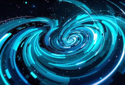 The primary subject of the image is a spiral-shaped, blue and white swirl. The setting is a dark, starry background, which adds to the overall mood of the image. The visual style is a combination of digital art and illustration, creating a unique and captivating design. The colors and mood of the image are predominantly blue and white, with a touch of starry darkness, giving it a sense of depth and intrigue.