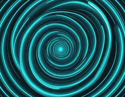 The primary subject of the image is a spiral or vortex, which is a circular pattern with a central point. The spiral is blue and appears to be a part of a larger, more complex pattern. The setting or background of the image is a dark, possibly futuristic environment, which contrasts with the bright blue spiral. The visual style of the image is digital art, as it is a computer-generated or digitally created pattern. The colors and mood of the image are predominantly blue, with a sense